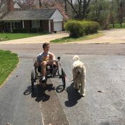 Brad walking his dog using his trike